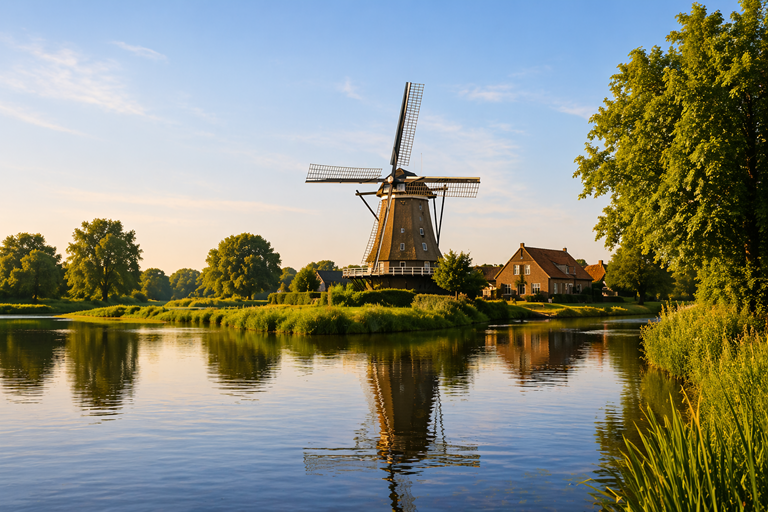 beautiful countryside landscape with windmill and lake